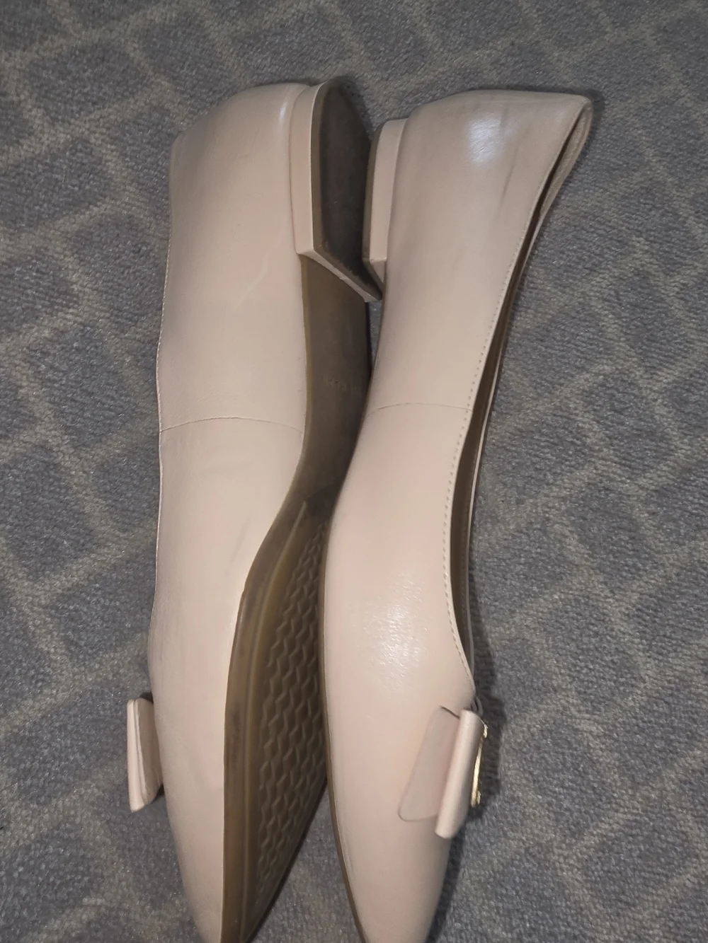 Cole Haan Beige Pointed-Toe Ballet Flats with Bow & Gold Plaque